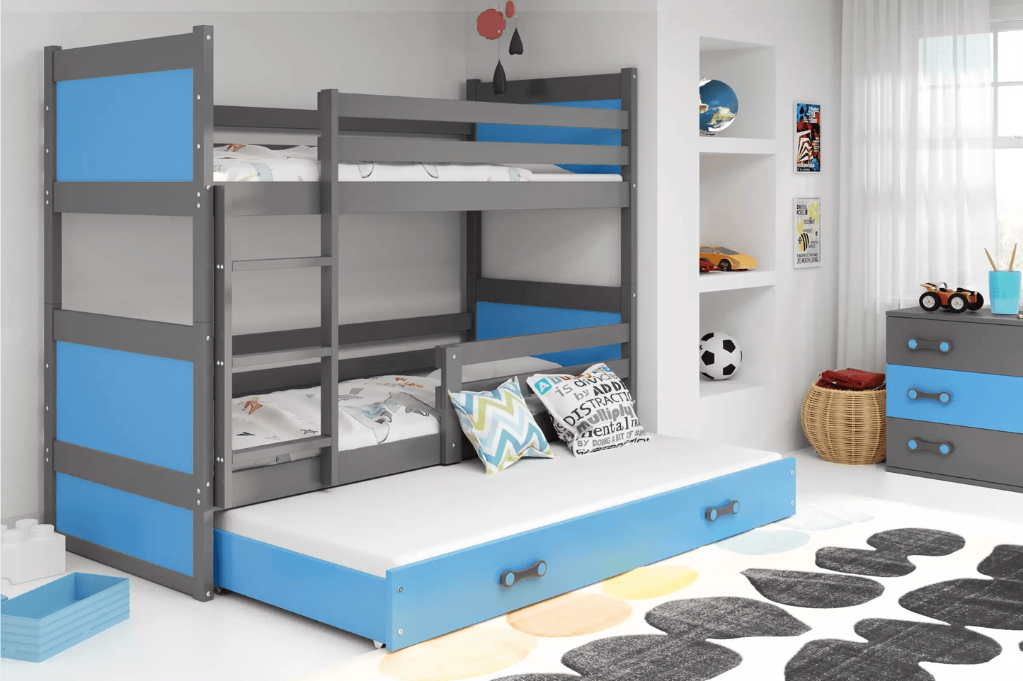 Lova "Rico" Trivietė Arba Su Stalčiumi 80 x 160-200cm Pilkas Rėmas Beds & Bed Frames 80 x 160 / Su Papildoma Vieta Miegui / Mėlyna