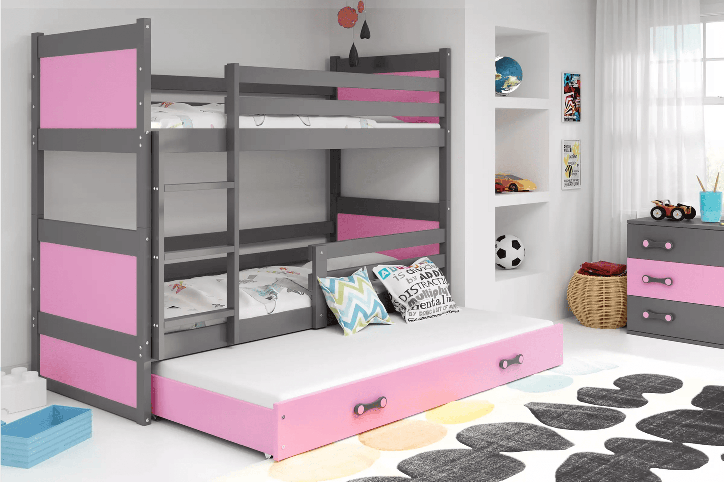 Lova "Rico" Trivietė Arba Su Stalčiumi 80 x 160-200cm Pilkas Rėmas Beds & Bed Frames 80 x 160 / Su Papildoma Vieta Miegui / Rožinė