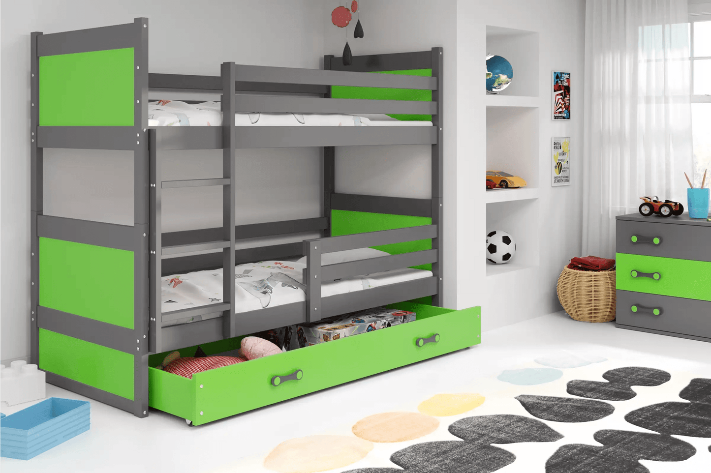 Lova "Rico" Trivietė Arba Su Stalčiumi 80 x 160-200cm Pilkas Rėmas Beds & Bed Frames 80 x 160 / Su Stalčium / Žalia