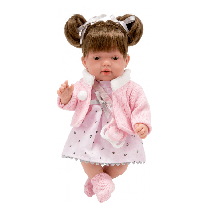 Tamsiaplaukė lėlytė su rožine suknute, juokiasi, 28 cm Dolls
