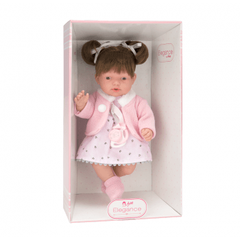 Tamsiaplaukė lėlytė su rožine suknute, juokiasi, 28 cm Dolls