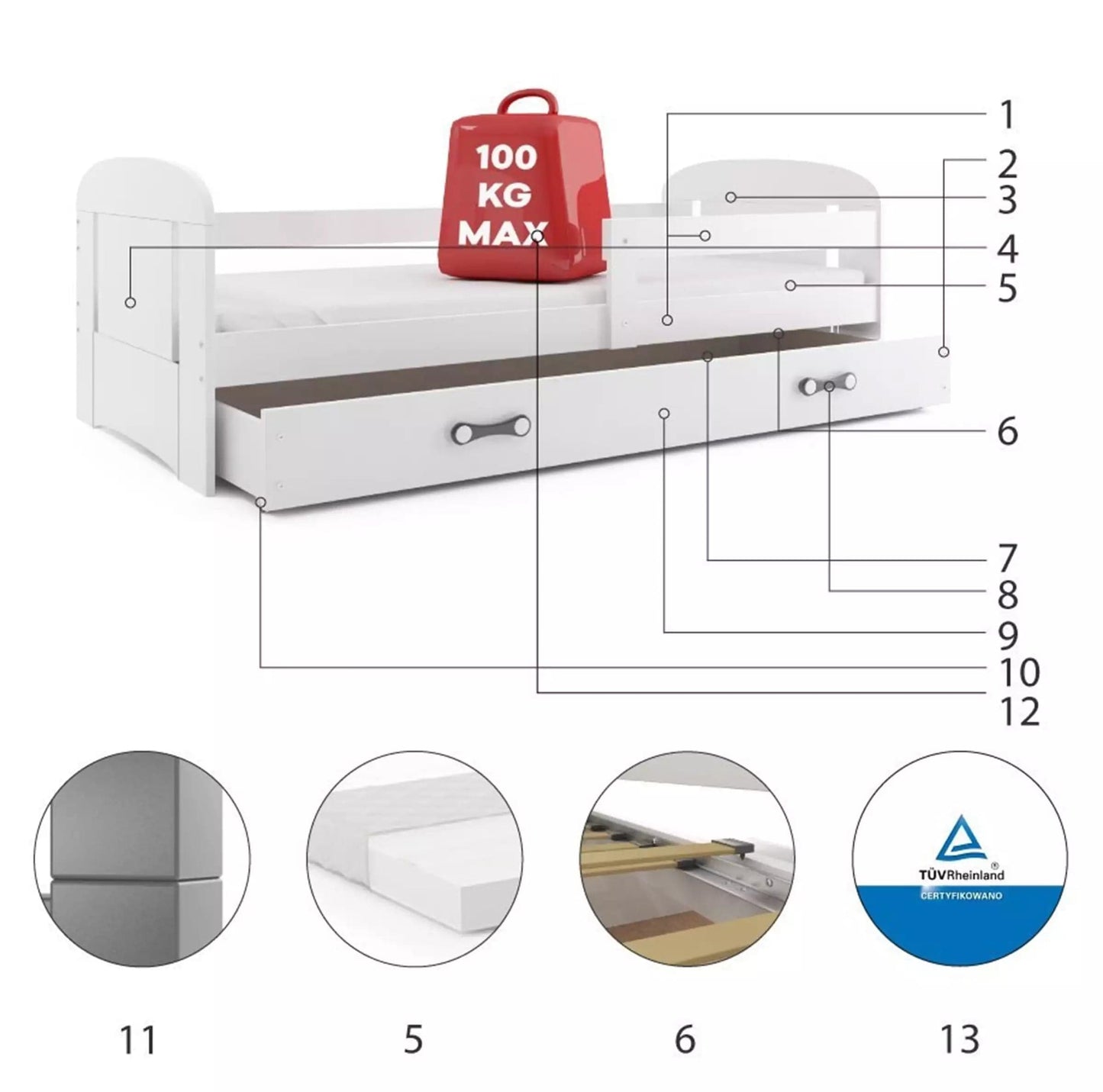 Vaikiška Lova Filip Balta Spalva 160 x 80 cm/190 x 80 cm Cribs & Toddler Beds