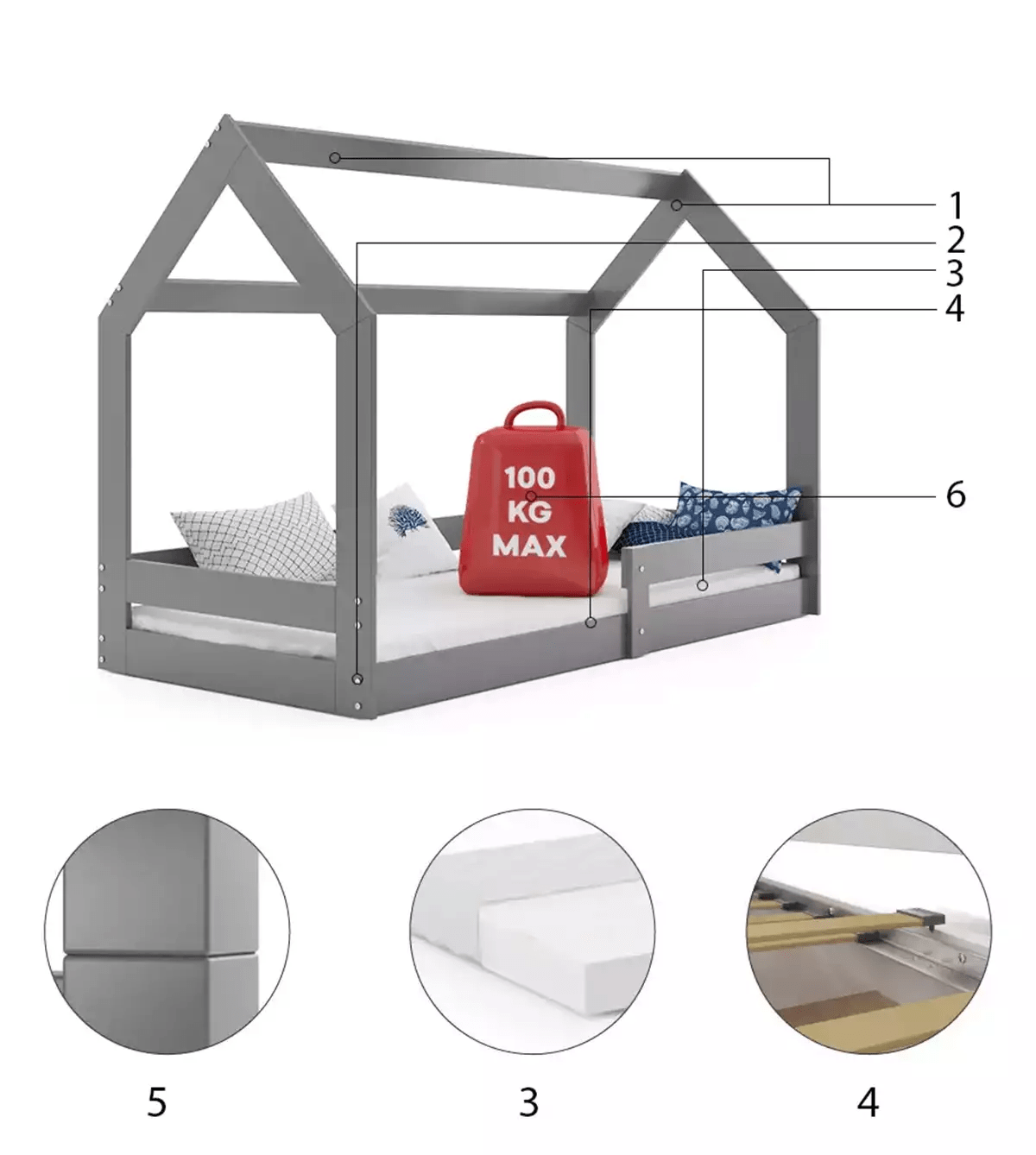 Vaikiška Lova "Namelis" + Čiužinys 160x80cm 3 Spalvos Beds & Bed Frames