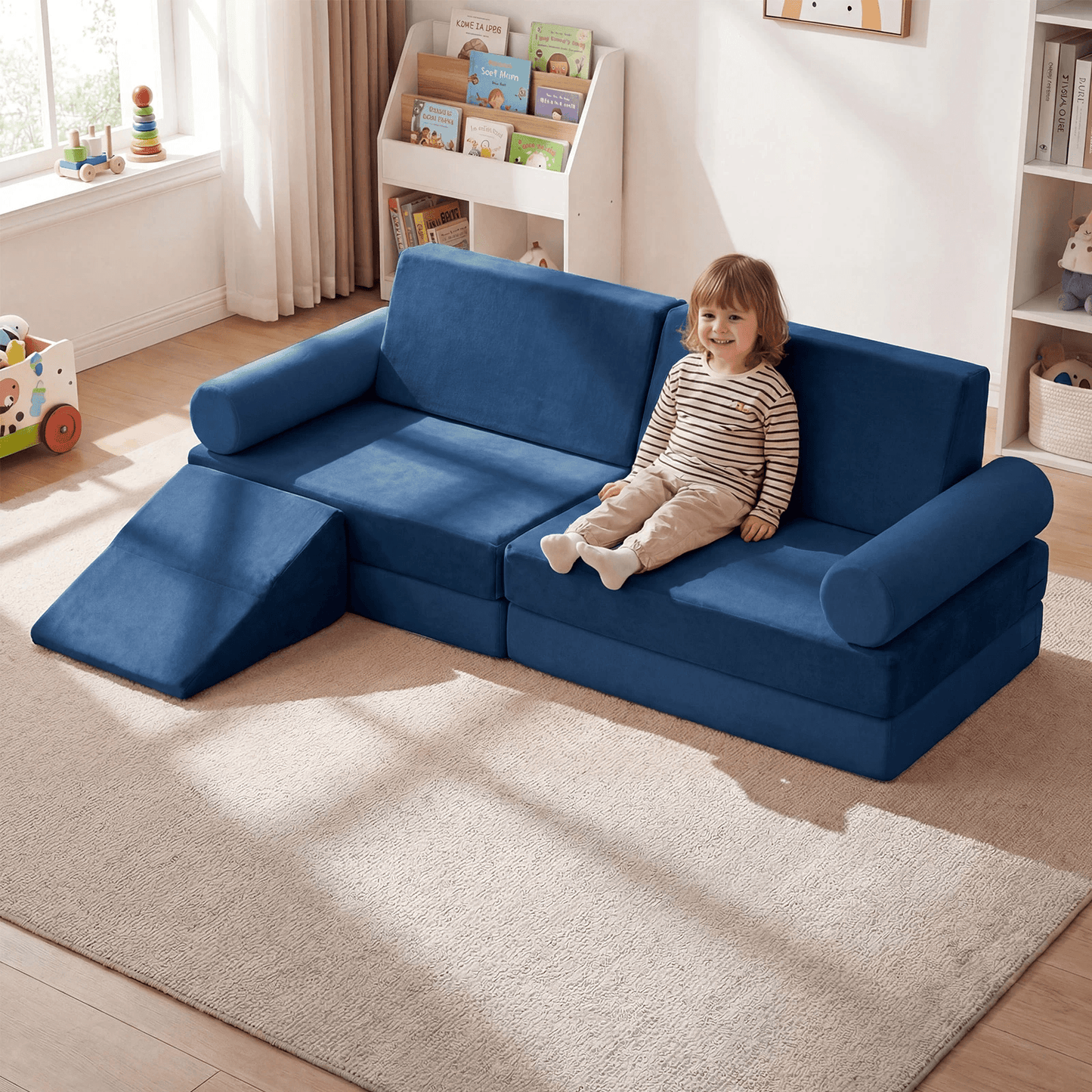 10 Dalių Modulinė Vaikiška Sofa Su Skalbiamu Užvalkalu Ir Minkštu Veliūru Modulinės sofos Mėlyna