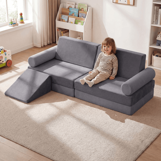 10 Dalių Modulinė Vaikiška Sofa Su Skalbiamu Užvalkalu Ir Minkštu Veliūru Modulinės sofos Pilka