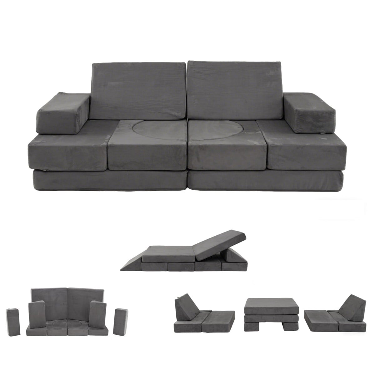 Tamsiai pilka 12 dalių modulinė sofa vaikams baltame fone