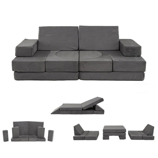 Tamsiai pilka 12 dalių modulinė sofa vaikams baltame fone