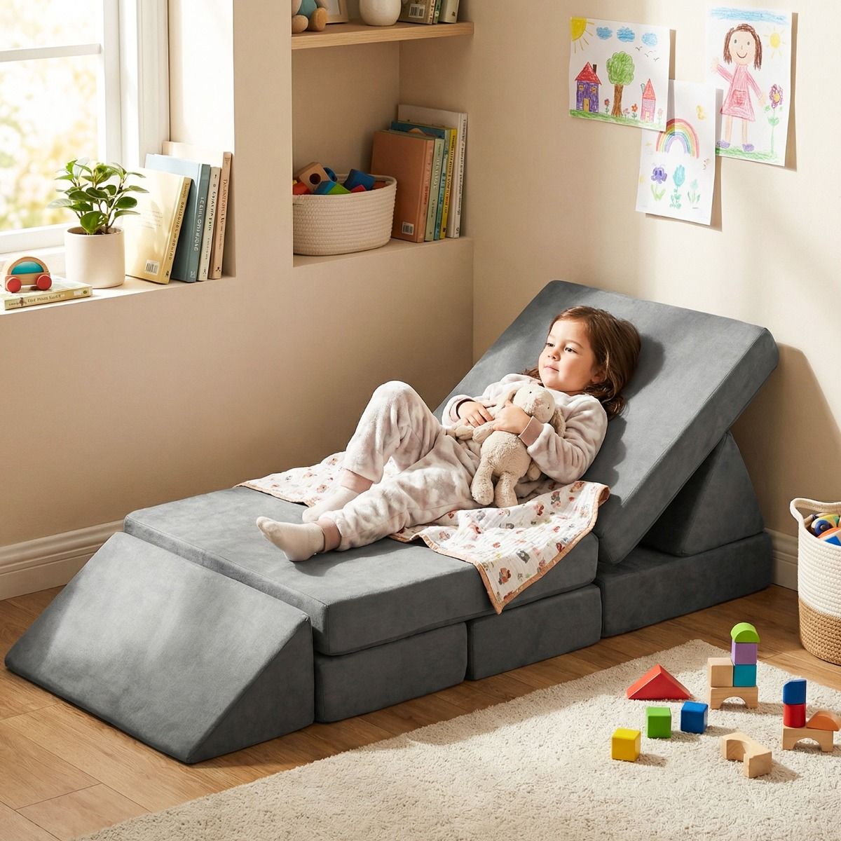 Tamsiai pilka modulinė sofa vaikams išskleista poilsiui