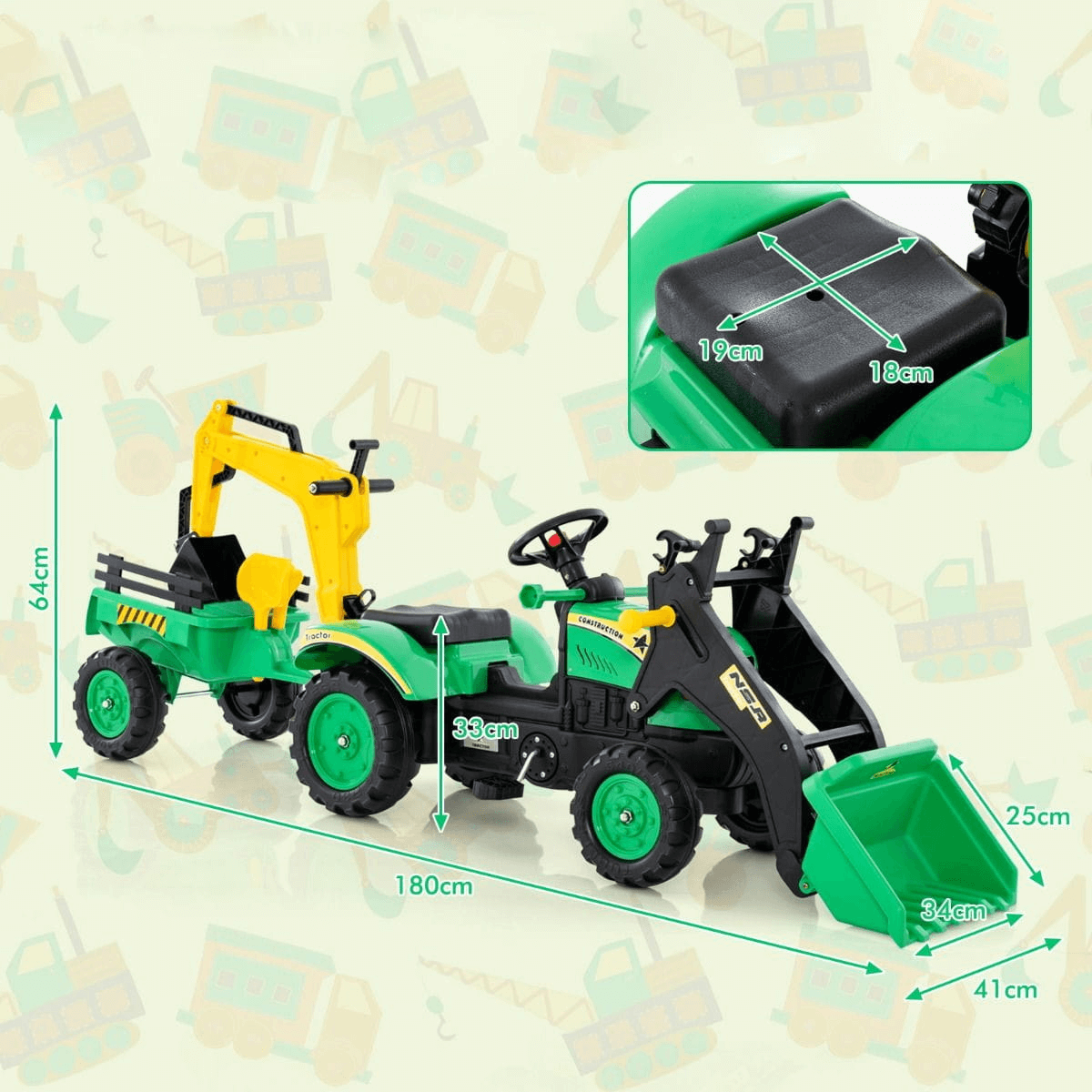 3 Viename Minamas Vaikiškas Ekskavatorius Su Priekaba, 3 spalvos Transporto Priemonės