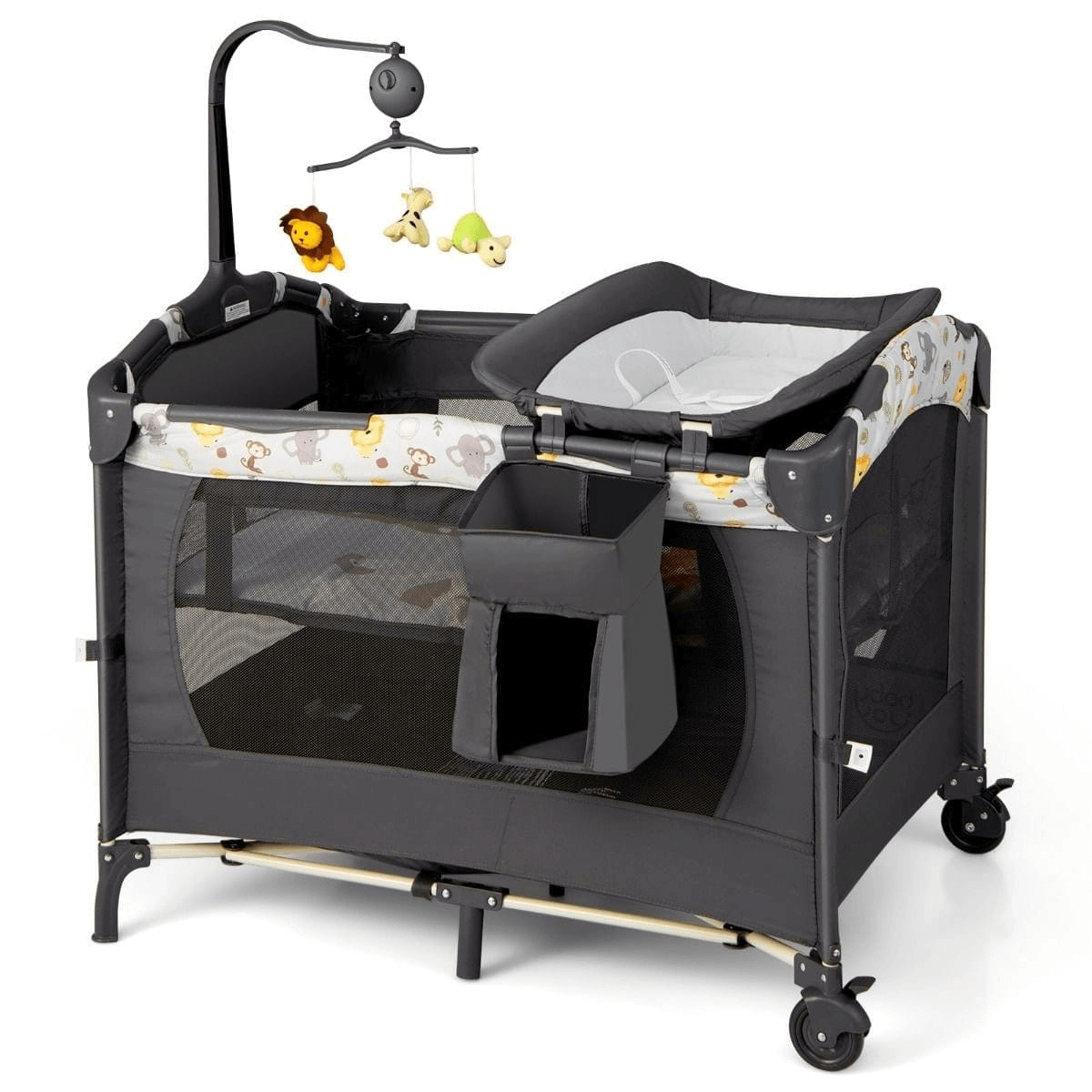 3in1 Kelioninė Lovelė Kūdikiams Su Vystymo Stalu ir Muzikiniu Žaislu, 107 × 72 cm, Tamsiai Pilka Lovytė Kūdikiui