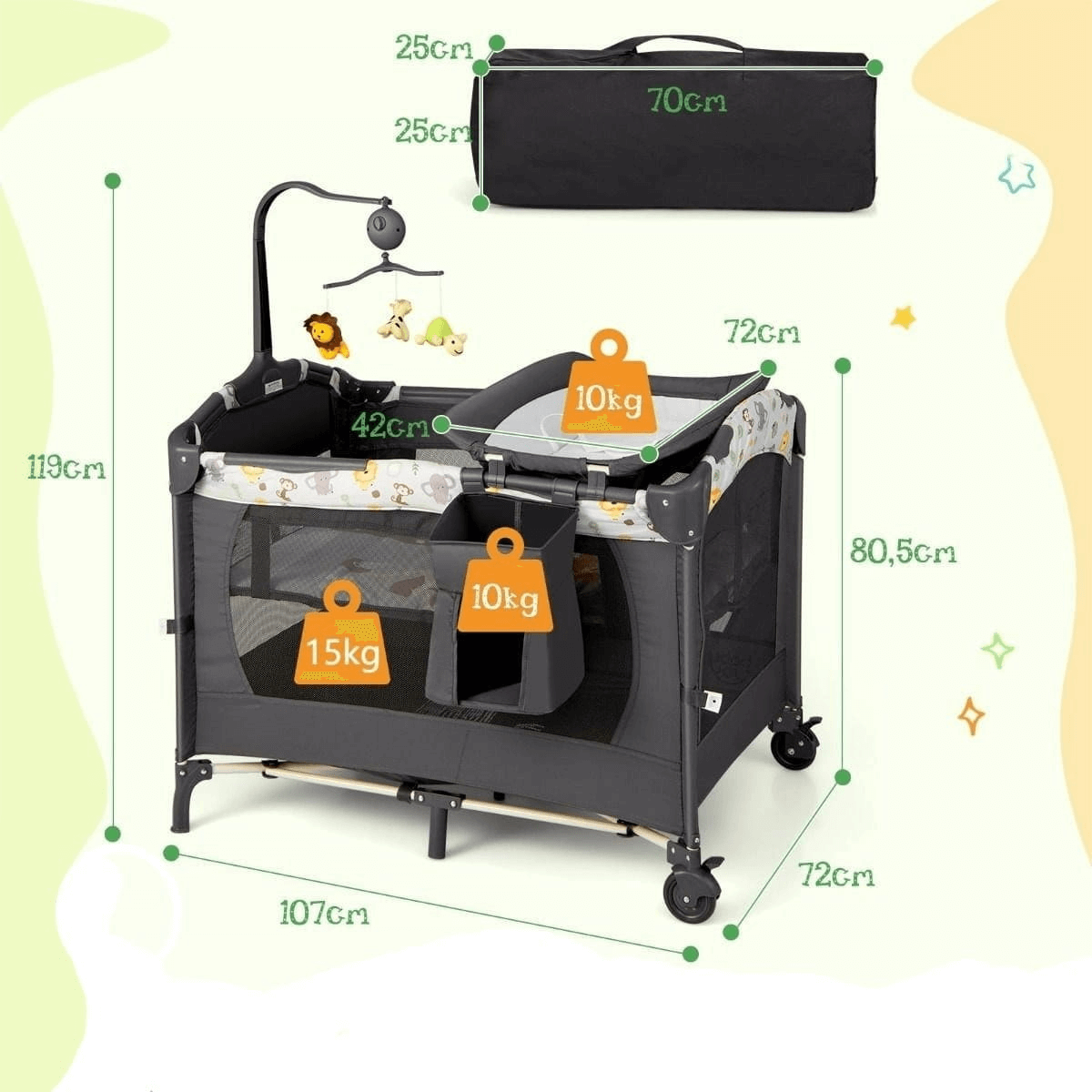 3in1 Kelioninė Lovelė Kūdikiams Su Vystymo Stalu ir Muzikiniu Žaislu, 107 × 72 cm, Tamsiai Pilka Lovytė Kūdikiui