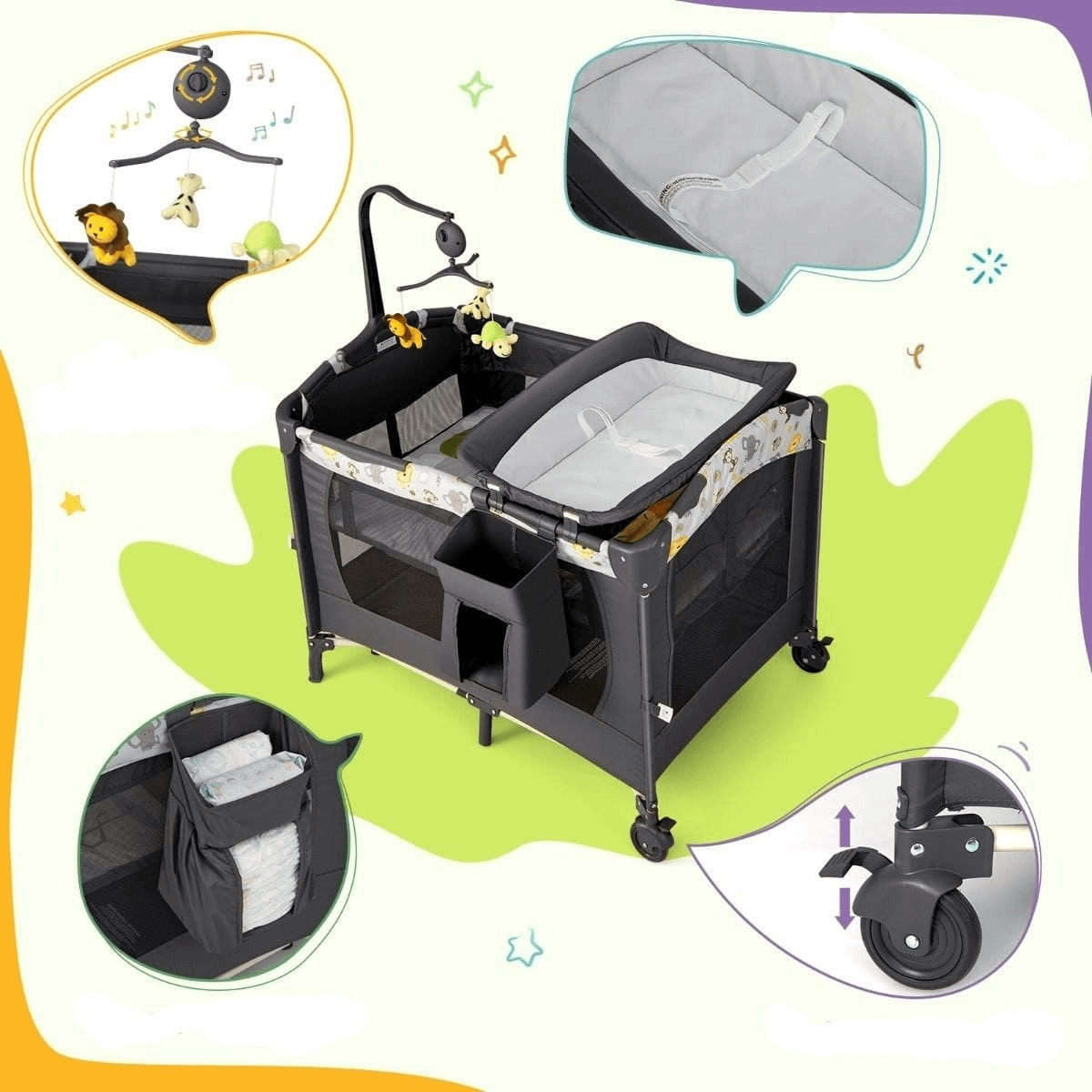 3in1 Kelioninė Lovelė Kūdikiams Su Vystymo Stalu ir Muzikiniu Žaislu, 107 × 72 cm, Tamsiai Pilka Lovytė Kūdikiui