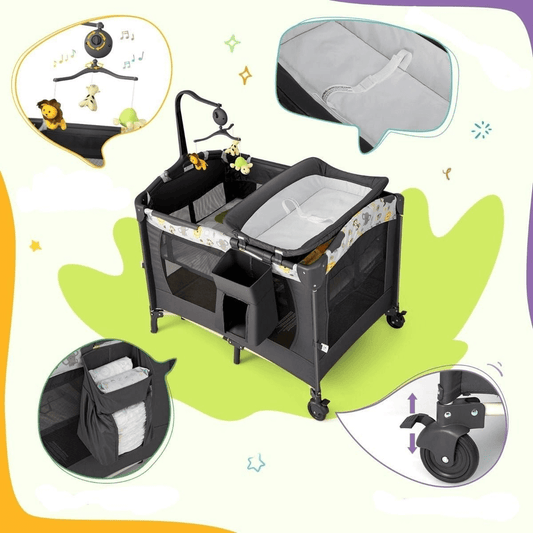 3in1 Kelioninė Lovelė Kūdikiams Su Vystymo Stalu ir Muzikiniu Žaislu, 107 × 72 cm, Tamsiai Pilka Lovytė Kūdikiui