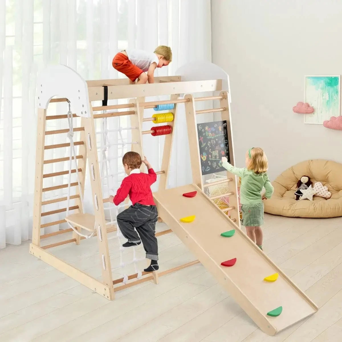 8in1 Medinė Montessori Žaidimų Aikštelė Su Čiuožykla Ir Sūpynėmis Sūpynės ir Žaidimų Aikštelės