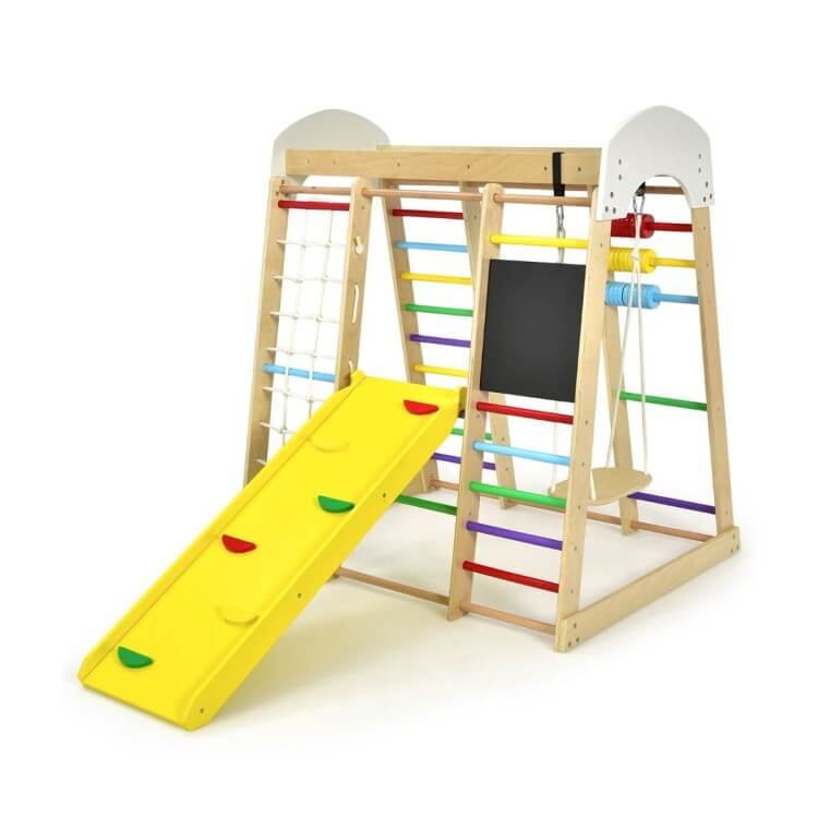 8in1 Medinė Montessori Žaidimų Aikštelė Su Čiuožykla Ir Sūpynėmis, Spalvota Sūpynės ir Žaidimų Aikštelės