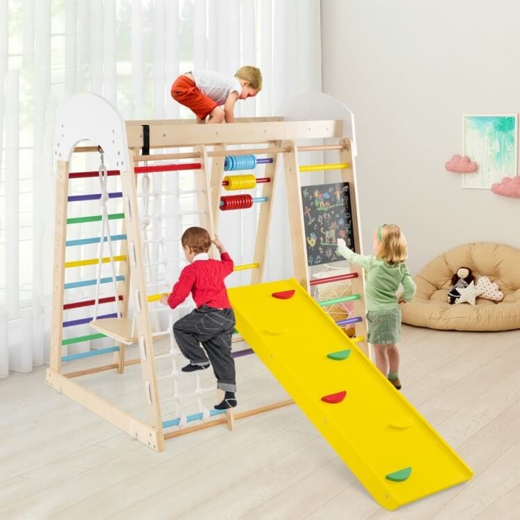 8in1 Medinė Montessori Žaidimų Aikštelė Su Čiuožykla Ir Sūpynėmis, Spalvota Sūpynės ir Žaidimų Aikštelės
