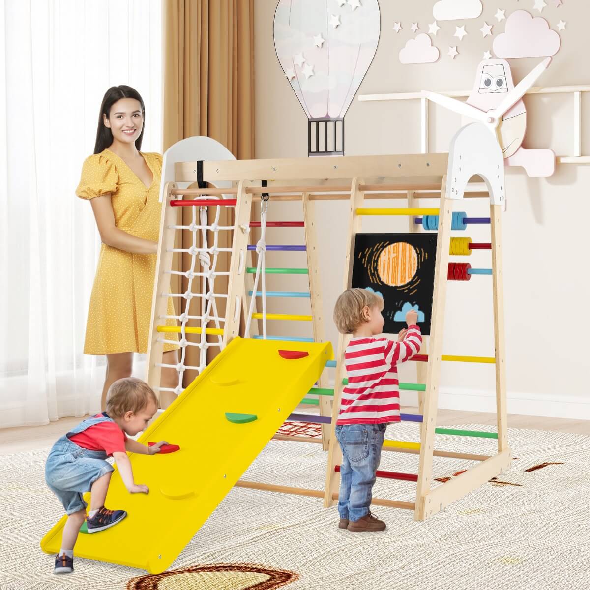 8in1 Medinė Montessori Žaidimų Aikštelė Su Čiuožykla Ir Sūpynėmis, Spalvota Sūpynės ir Žaidimų Aikštelės