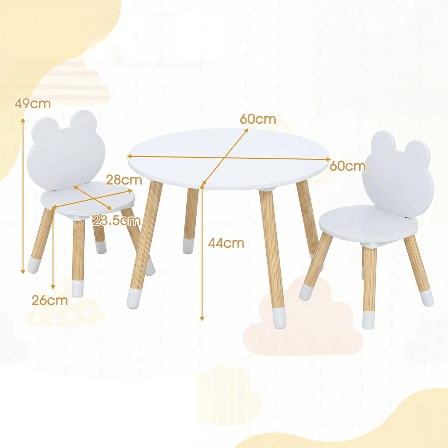 Apvalus Vaikiškas Stalas su 2 Kėdutėmis Varlytės, Baltas Staliukai Kėdutės