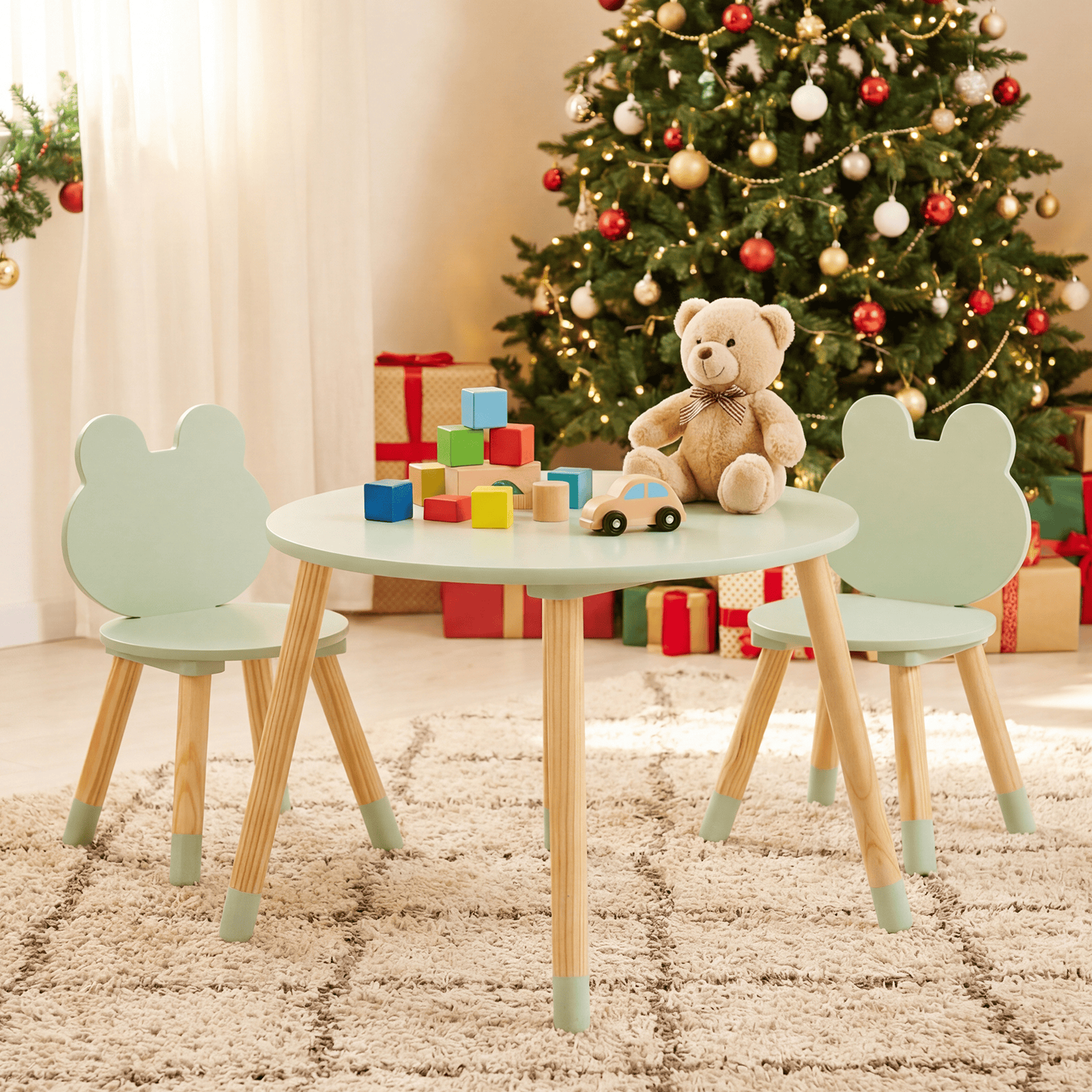 Apvalus Vaikiškas Stalas su 2 Kėdutėmis Varlytės, Žalia Staliukai Kėdutės