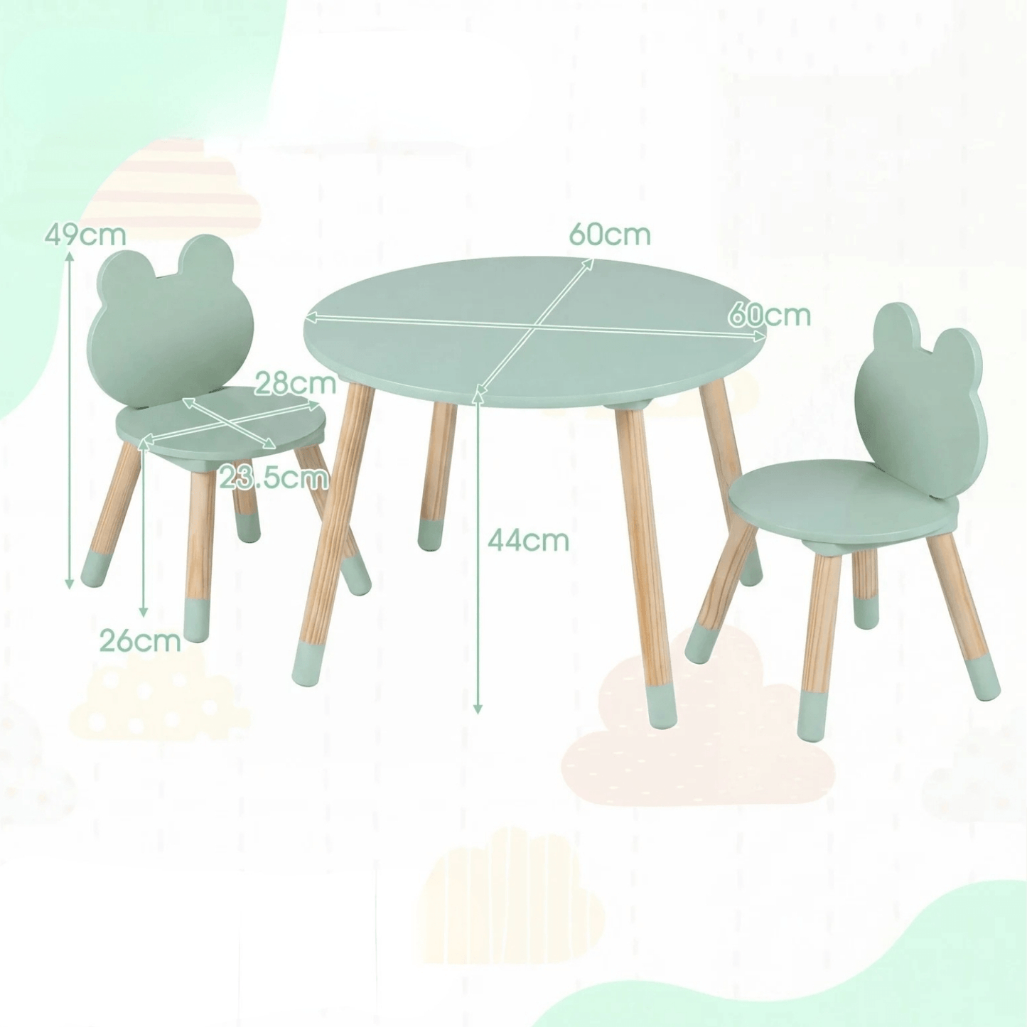 Apvalus Vaikiškas Stalas su 2 Kėdutėmis Varlytės, Žalia Staliukai Kėdutės