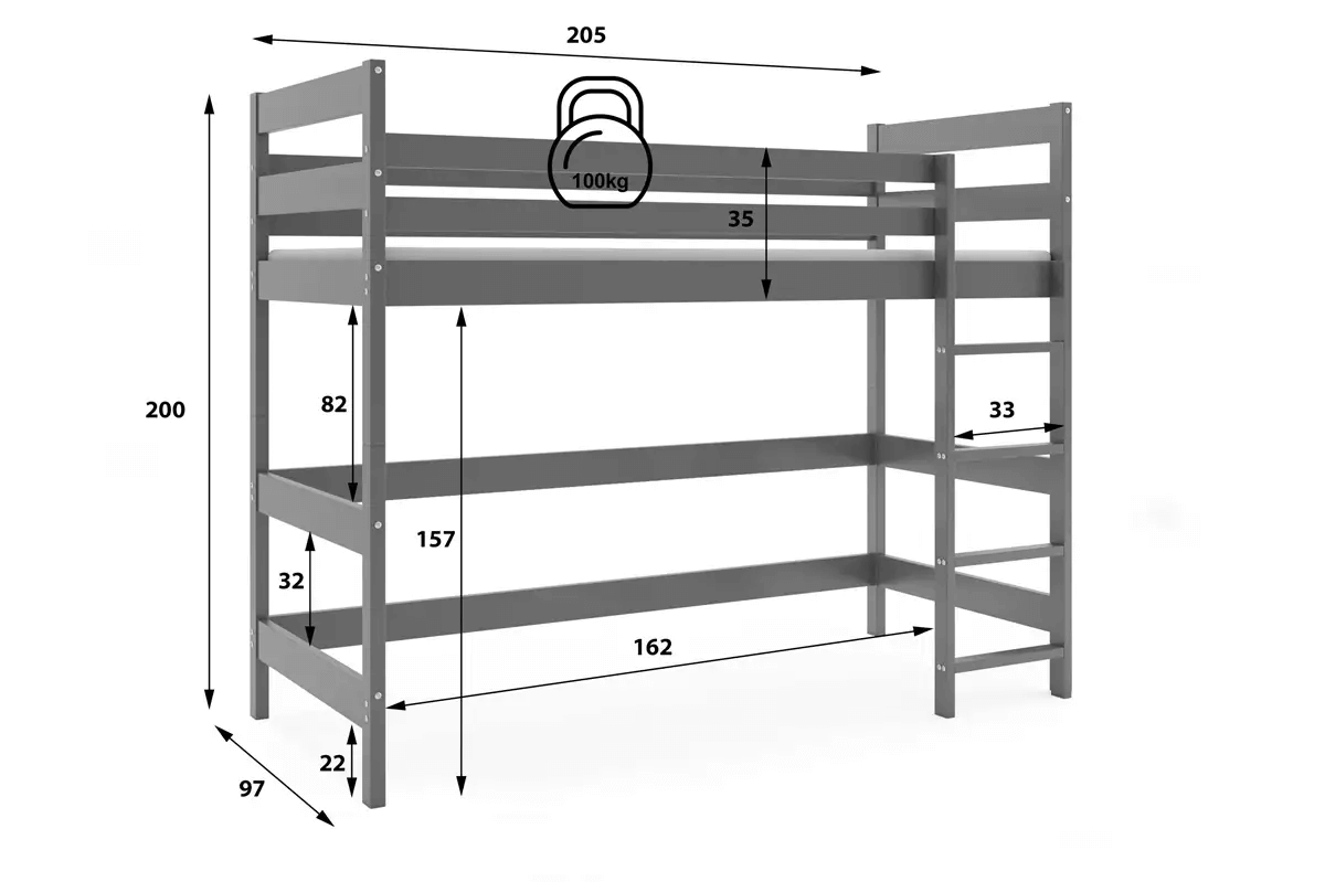 Aukšta Vaikiška Lova Antresolė Su Čiužiniu Ir Erdve Apačioje 90 x 200 cm, Pilka Lovos Antresolės