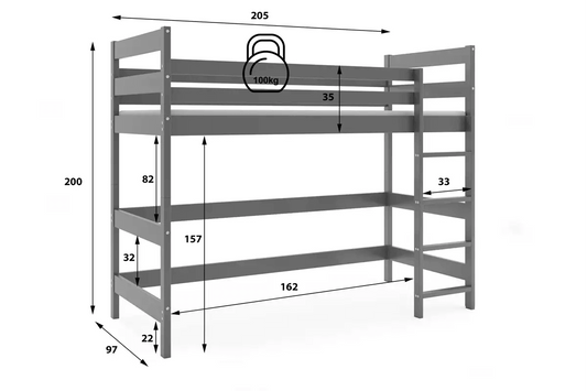 Aukšta Vaikiška Lova Antresolė Su Čiužiniu Ir Erdve Apačioje 90 x 200 cm, Pilka Lovos Antresolės