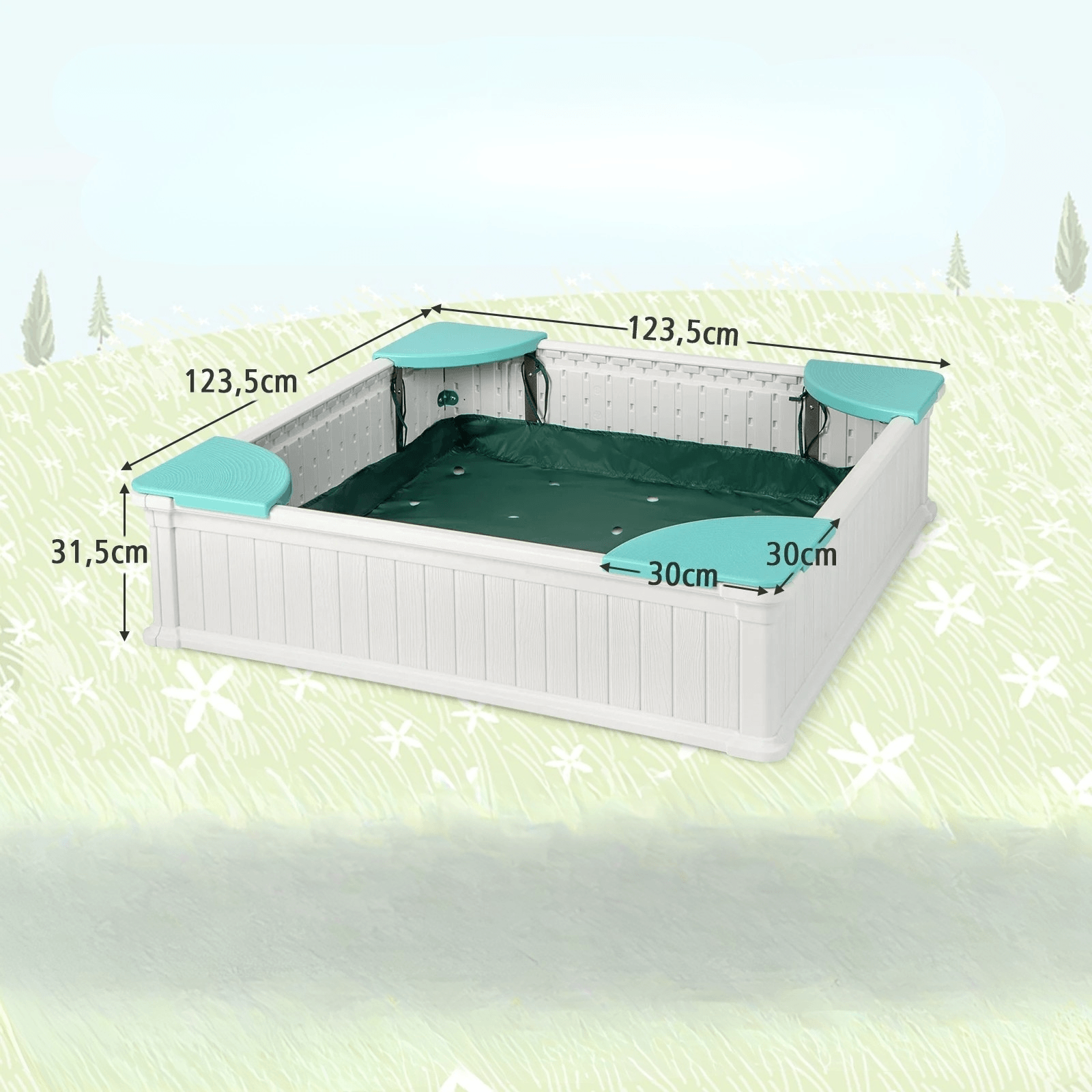 Balta Smėlio Dėžė Vaikams Su Dangčiu Ir Sėdynėmis 123,5 × 123,5 cm Smėlio Dėžės