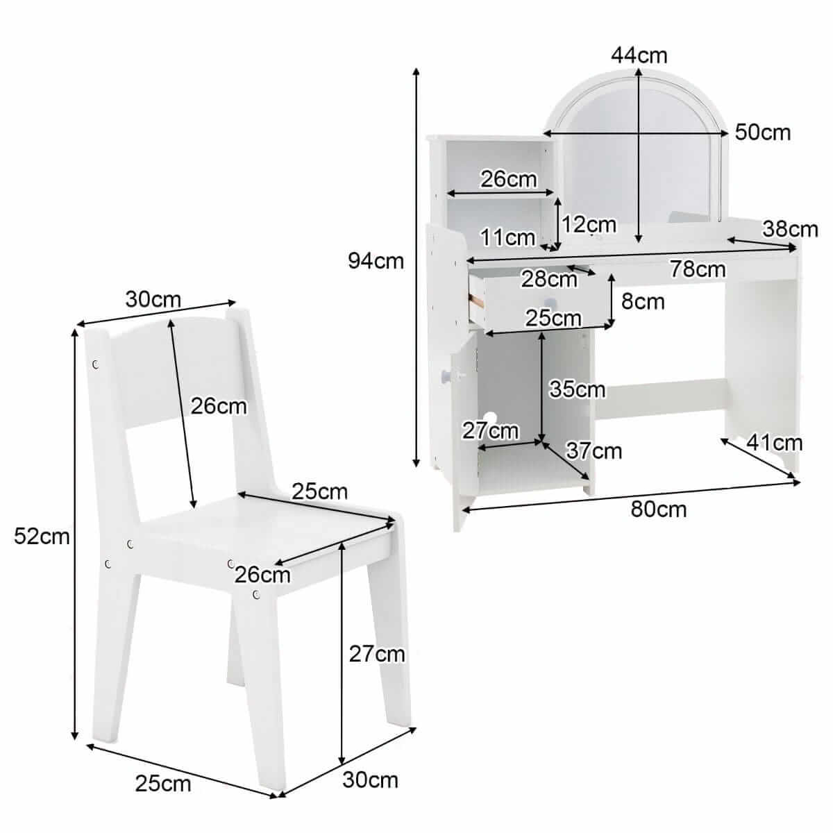 Baltas Vaikiškas Kosmetinis Staliukas Su LED Apšvietimu Ir Kėdute 80 x 38 x 94 cm 1838 Kosmetinis Staliukas