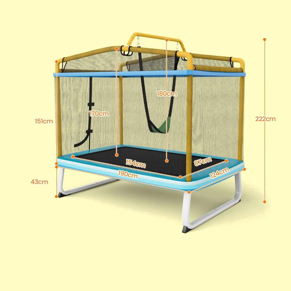 Batutas Vaikams 3in1 Su Sūpyne Ir 360° Apsaugomis 134 x 190 x 172 cm, Geltonas 1267 Batutai