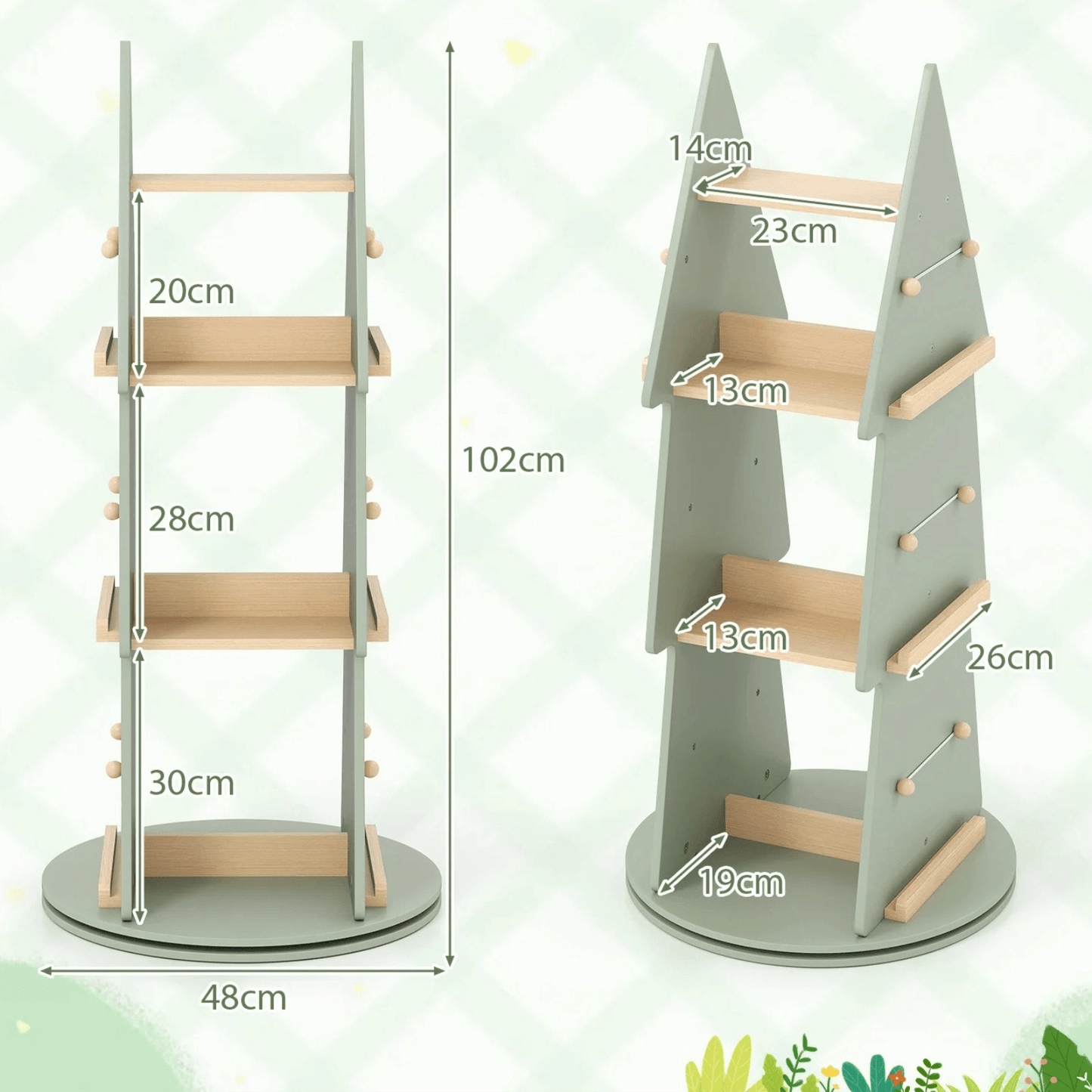 Besisukanti Vaikiška Knygų Lentyna Medžio Formos 360° Žalia Žaislų Dėžės Ir Lentynos
