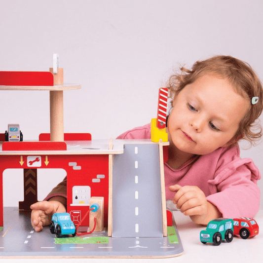 Bigjigs Žaislas Vaikams Medinis Mašinų Garažas Žaislai Mašinėlės Ir Trasos