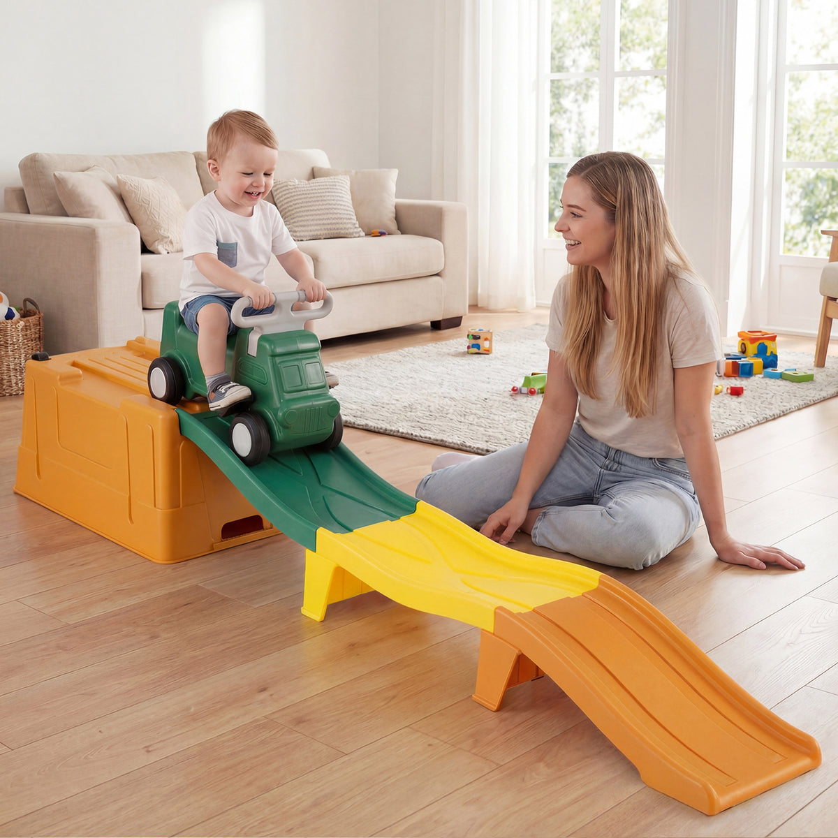 Čiuožykla Su Paspiriamu Automobiliu Ir Daiktadėže, 235 cm – Oranžinė / Geltona / Žalia