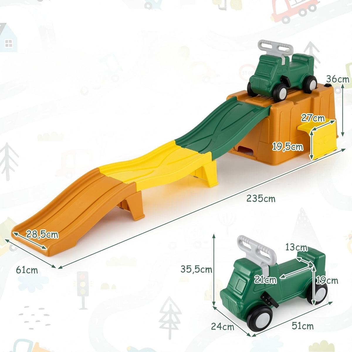 Čiuožykla Su Paspiriamu Automobiliu Ir Daiktadėže, 235 cm – Oranžinė / Geltona / Žalia – matmenys