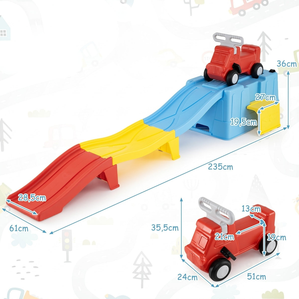 Čiuožykla Su Paspiriamu Automobiliu Ir Daiktadėže, 235 cm – Mėlyna / Geltona / Raudona – matmenys