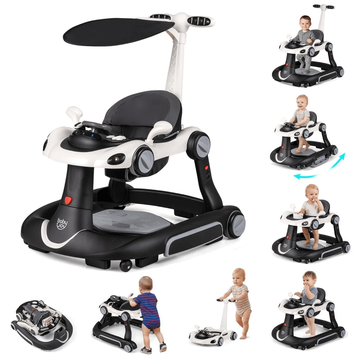 Daugiafunkcinė Vaikštynė Kūdikiams 6in1 Reguliuojamo Aukščio su Muzika Vaikštynės juoda