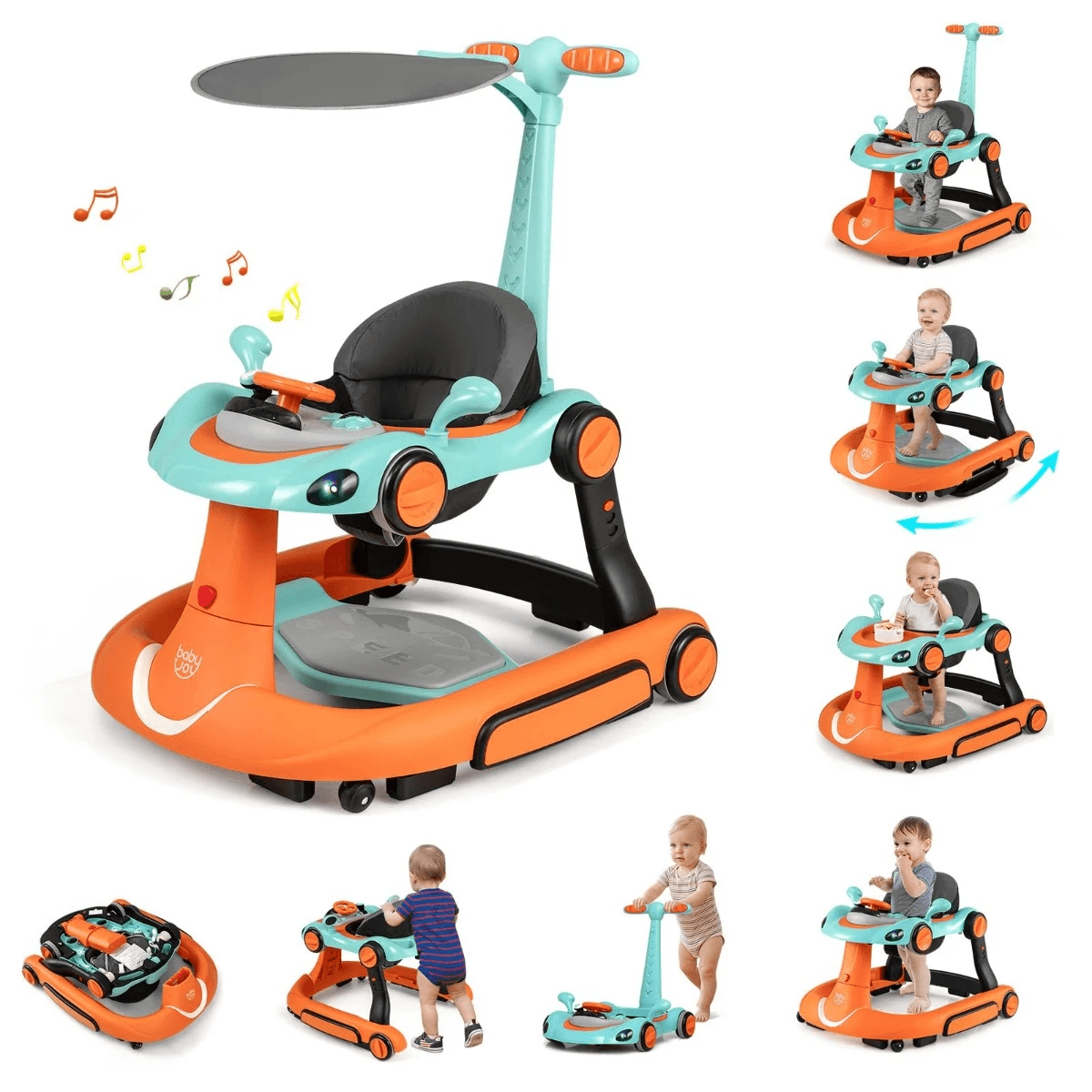 Daugiafunkcinė Vaikštynė Kūdikiams 6in1 Reguliuojamo Aukščio su Muzika Vaikštynės oranžinė