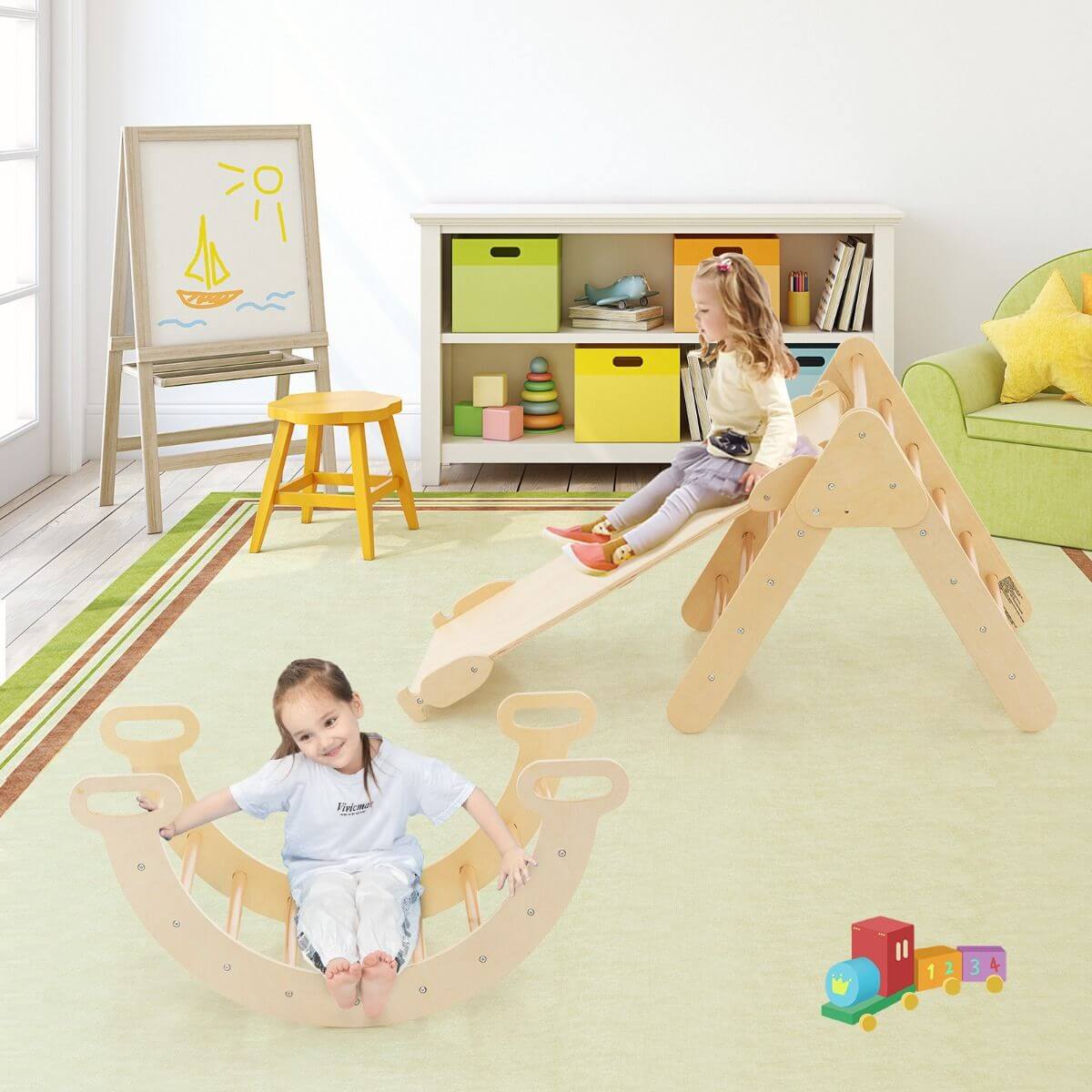 Didelė Montessori Žaidimų Aikštelė Pikler Trikampis Ir Laipiojimo Arka Viename Sūpynės ir Žaidimų Aikštelės