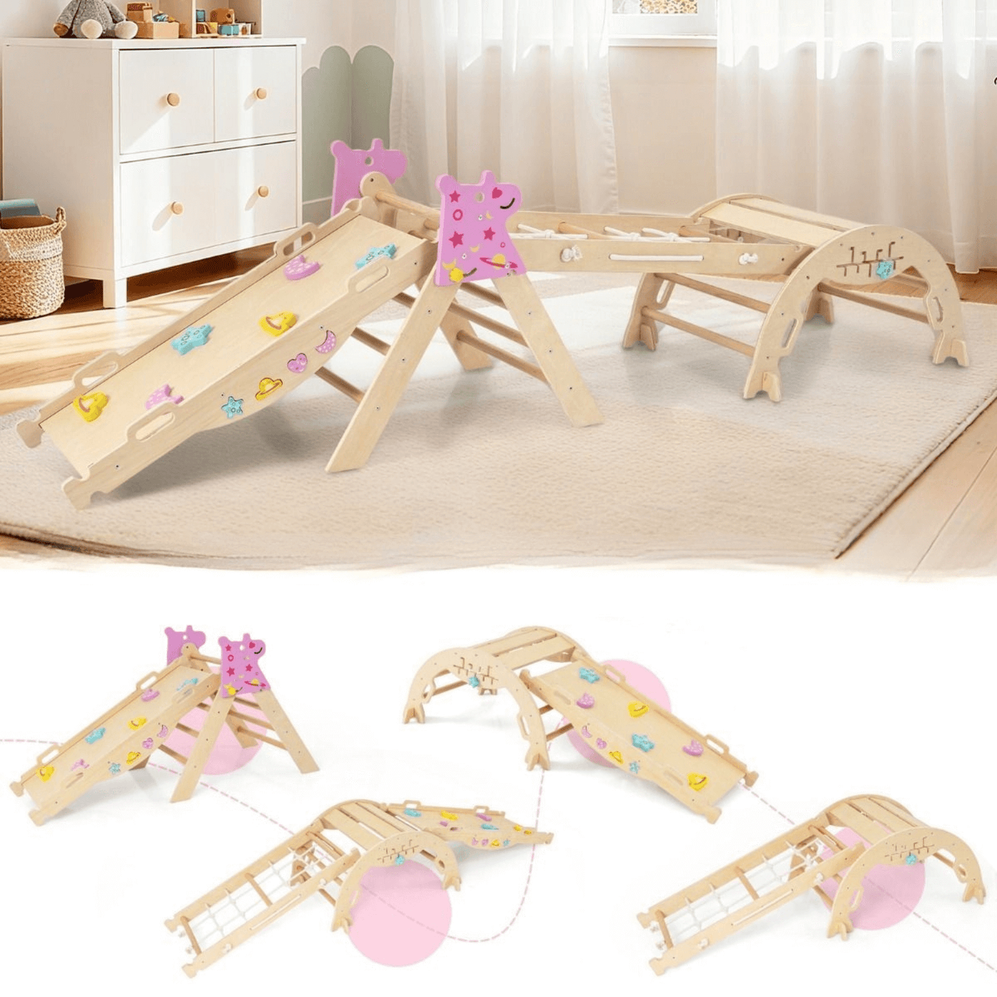 Didelė Spalvinga Montessori Žaidimų Aikštelė 4 Dalių Laipiojimo Rinkinys Sūpynės ir Žaidimų Aikštelės