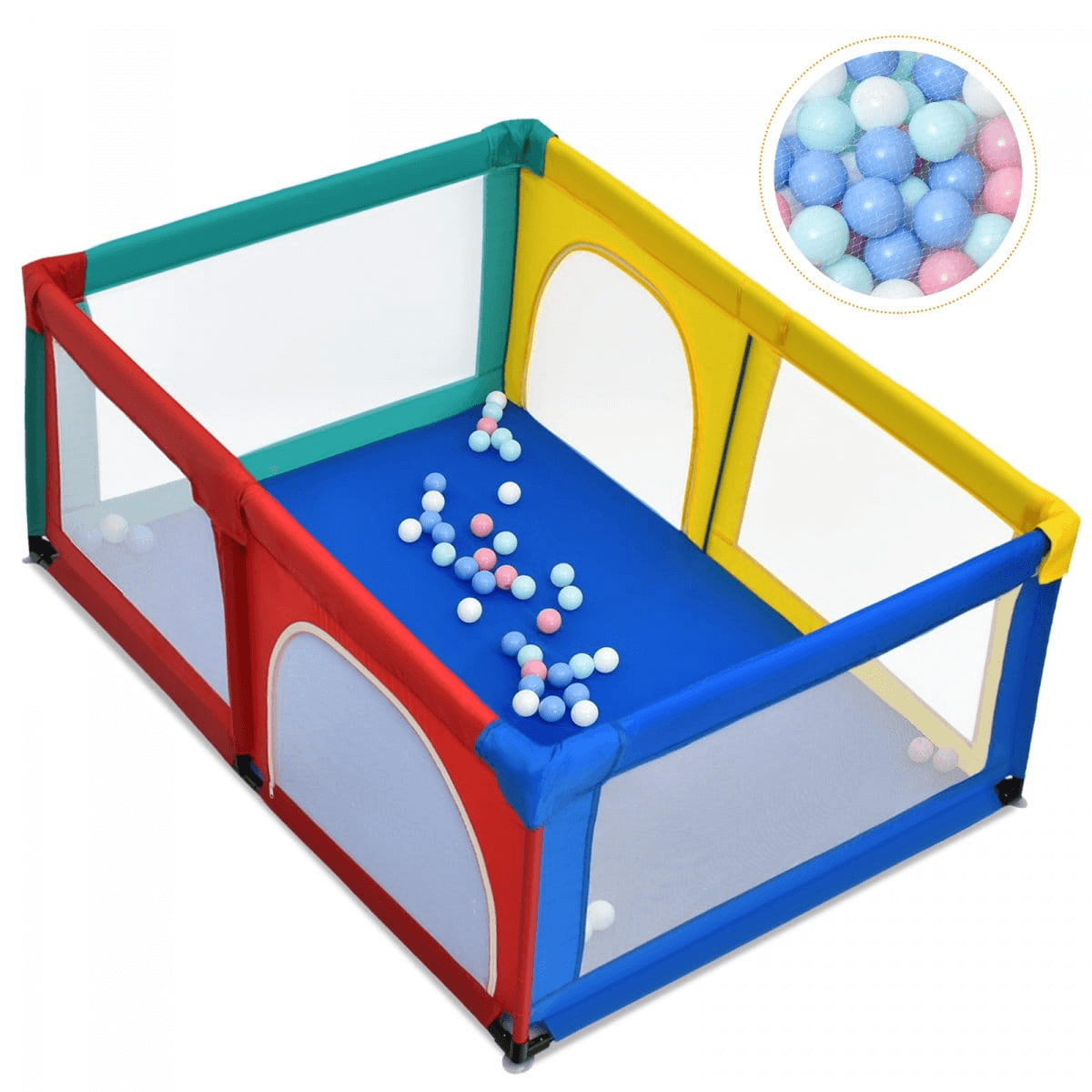 Didelis Spalvotas Kūdikių Maniežas Su Tinklelio Įėjimu ir Kamuoliukais, 192 × 122 cm Maniežai Žaidimų Aikštelės
