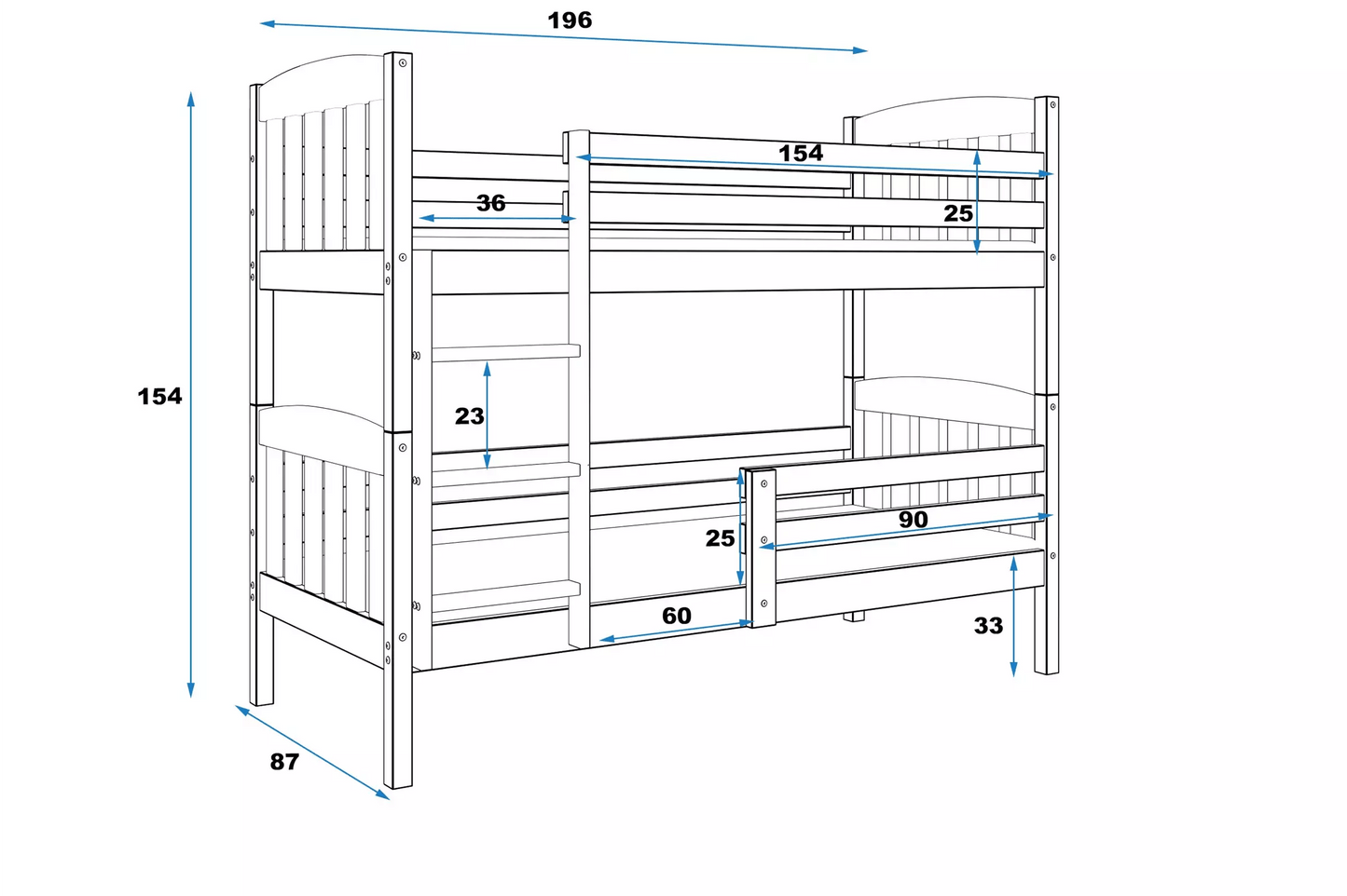 Dviaukštė Vaikiška Lova "CUBUS"  80 x 190 cm Baltas Rėmas 9008 Lovos Dviaukštės