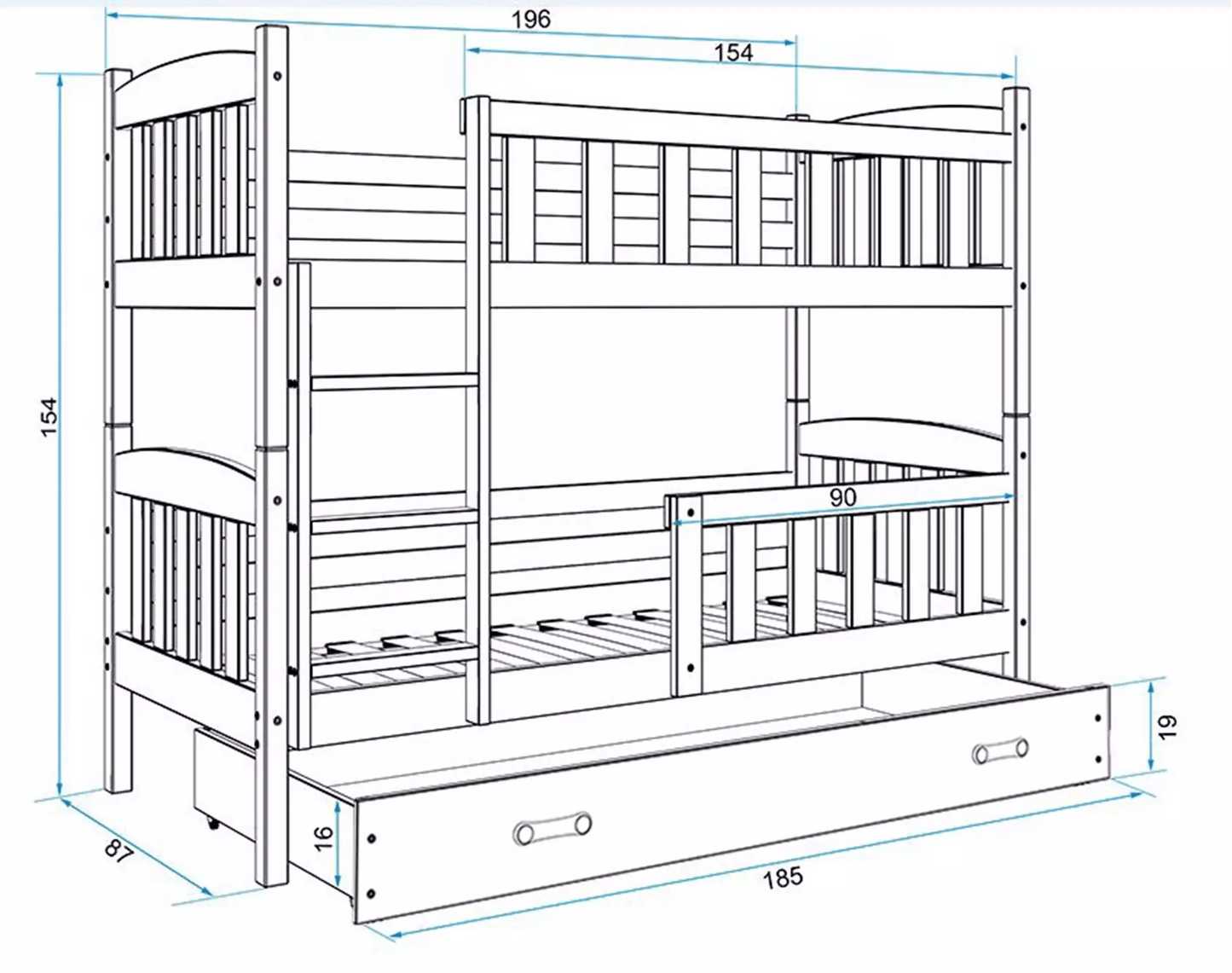 Dviaukštė Vaikiška Lova "CUBUS" Su Stalčiumi 80 x 190 cm Baltas Rėmas 9001 Lovos Dviaukštės