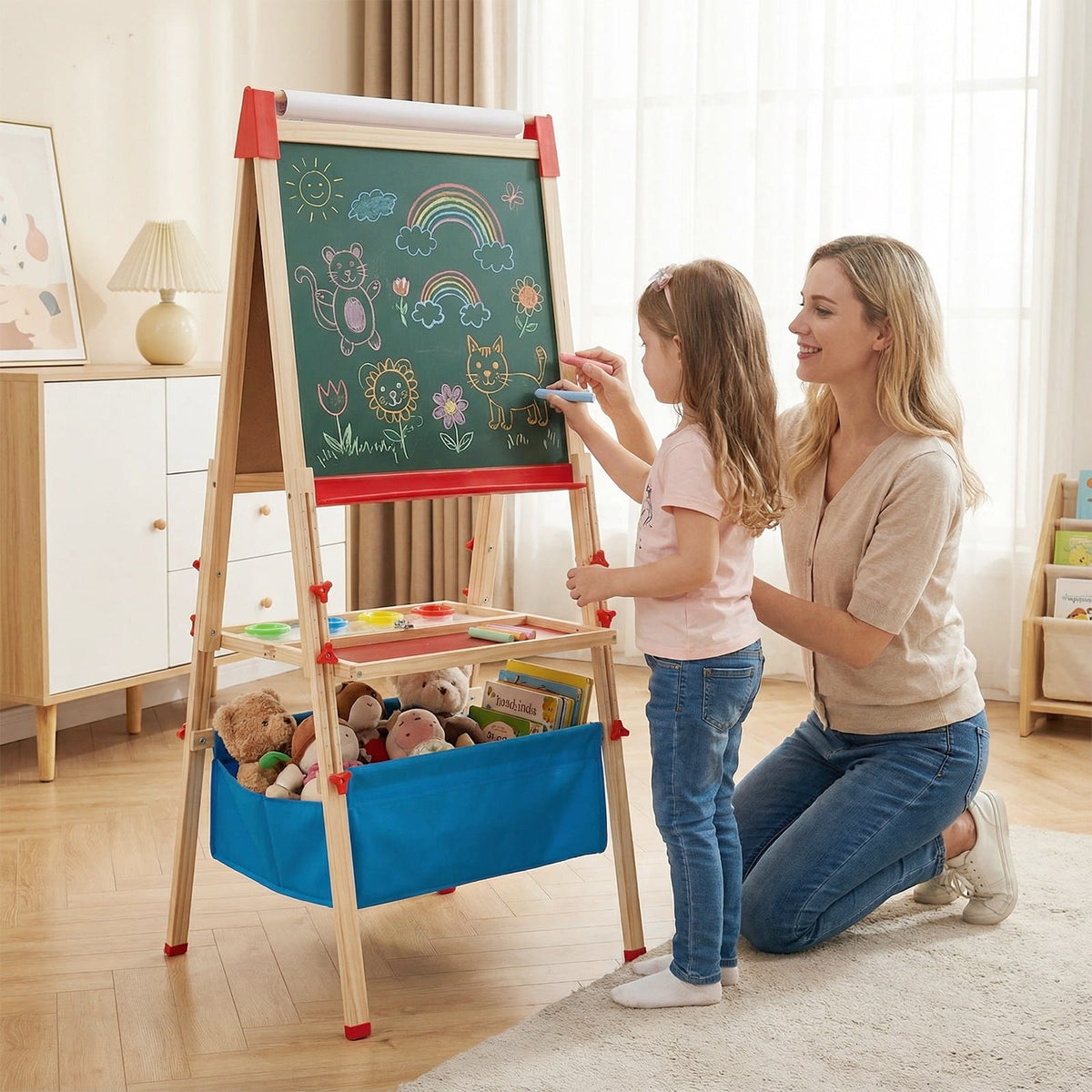 Dvipusė Magnetinė Piešimo Lenta Vaikams 56 × 53 × 120–145 cm Piešimo Lentos