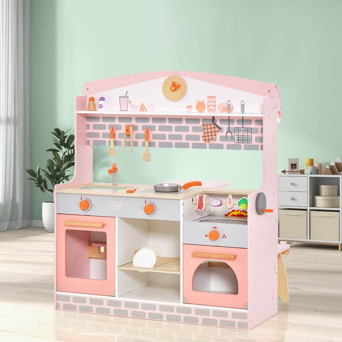 Dvipusė Vaikiška Žaidimų Virtuvėlė Su Kėdėmis Ir Daug Priedų 93 X 50 X 93 cm Rožinė Vaikiškos Virtuvėlės
