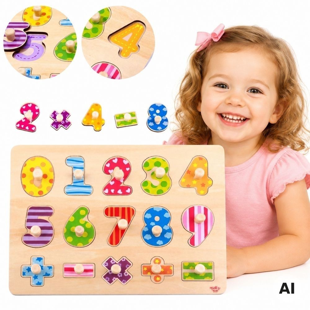 Tooky Toy medinė skaičių dėlionė su rankenėlėmis – nuotrauka 1