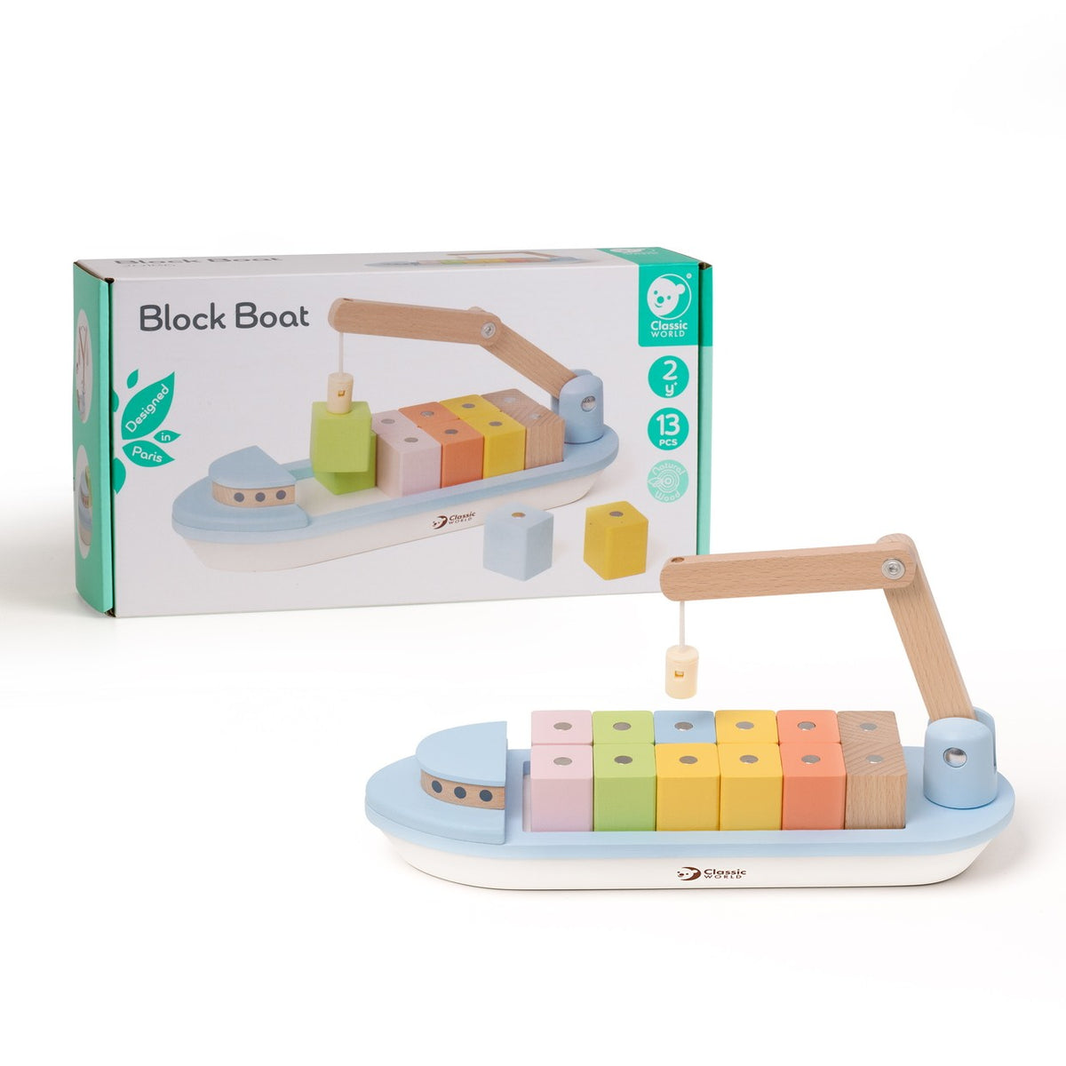 Classic World medinis laivas su kranu ir 12 kaladėlių – 10