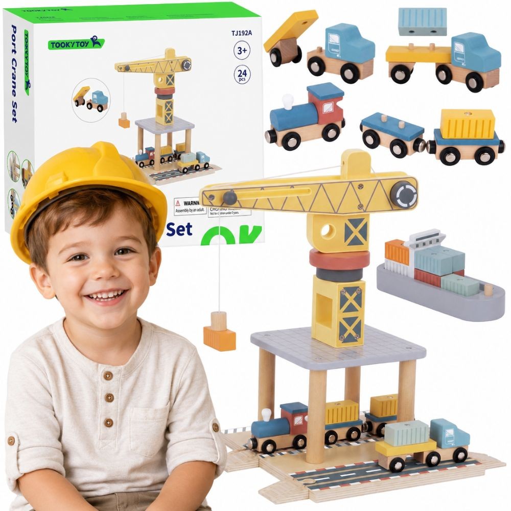 Tooky Toy medinis uosto rinkinys su kranu ir transportu – 1