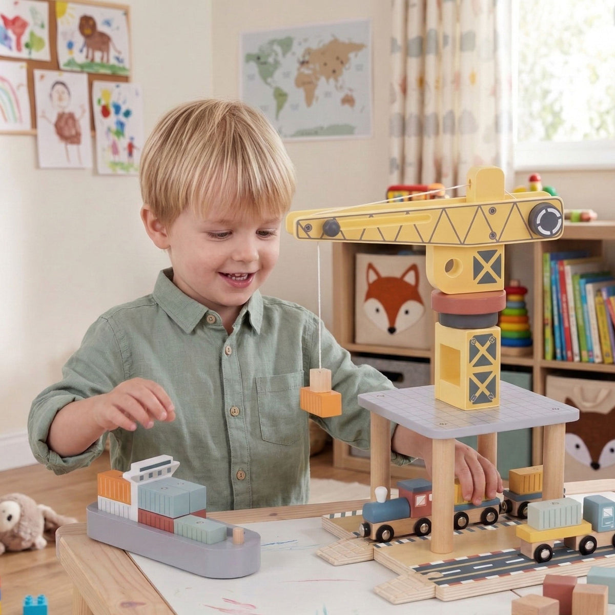 Tooky Toy medinis uosto rinkinys su kranu ir transportu – 2