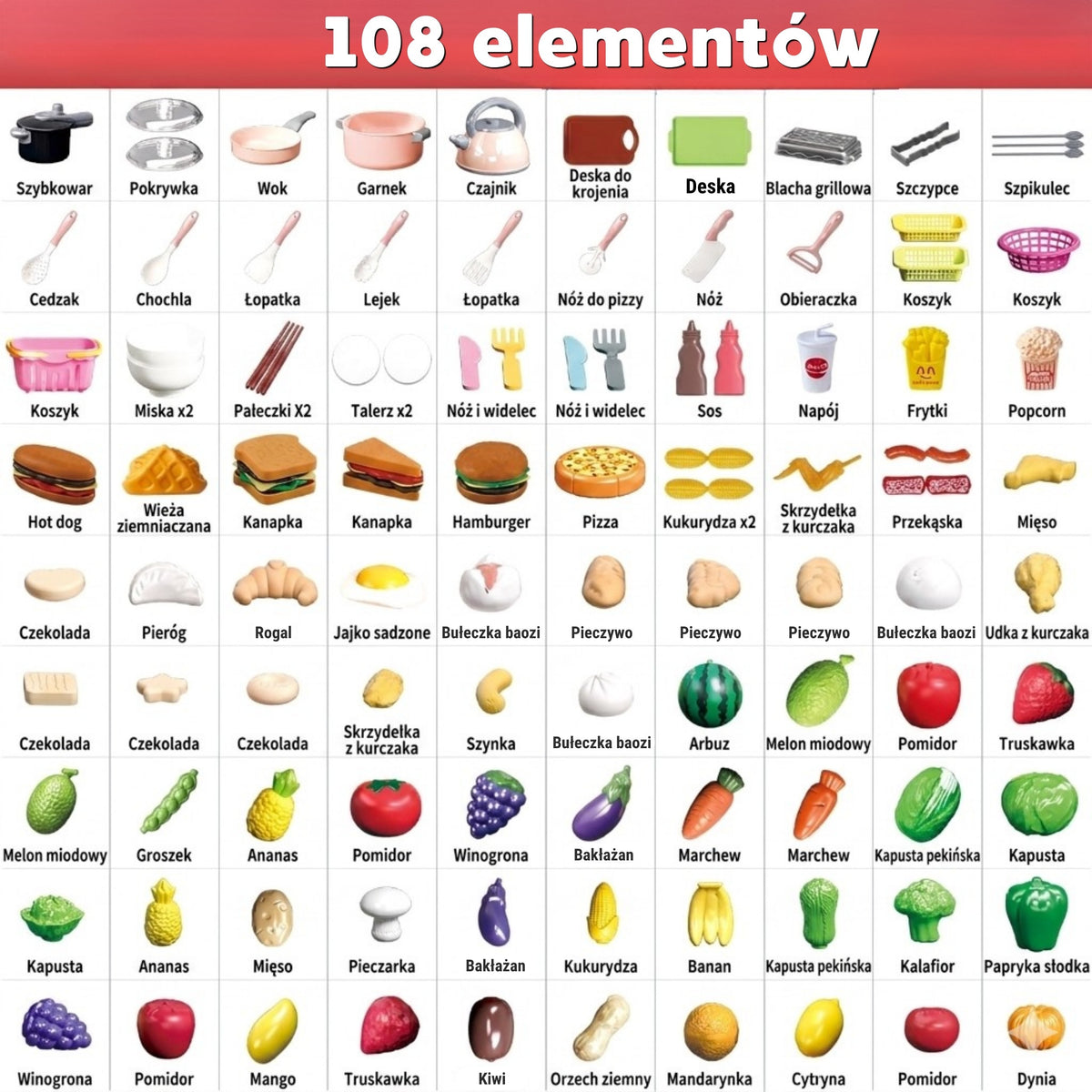 Woopie žaislinės virtuvės reikmenų rinkinys, 108 dalių