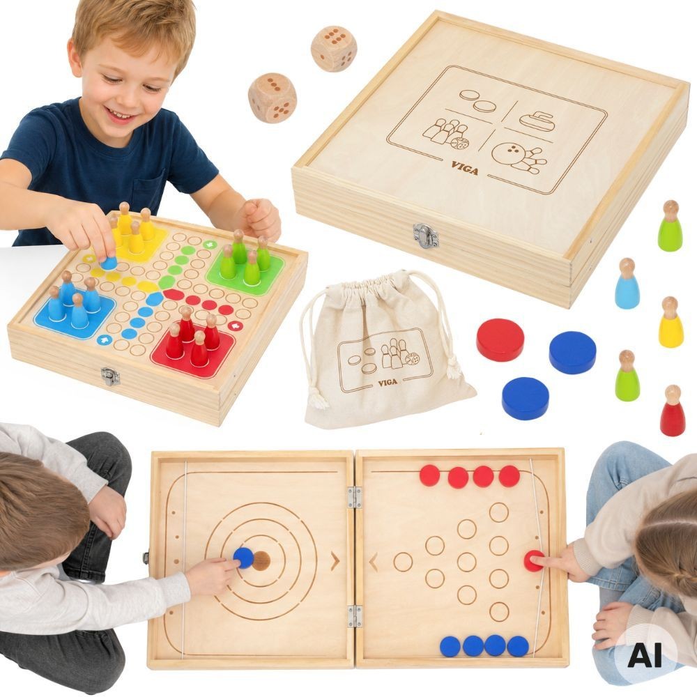 Viga medinių stalo žaidimų rinkinys 4in1