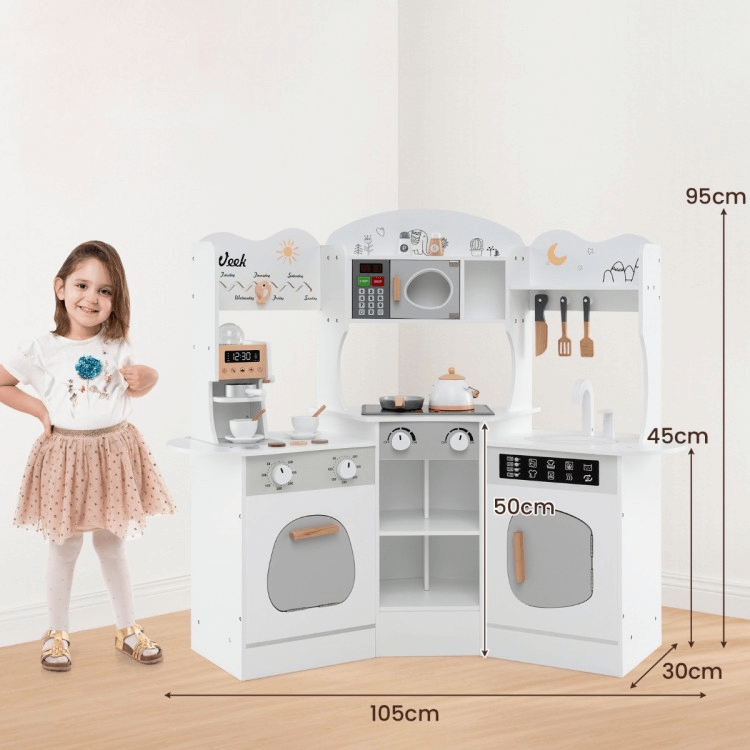 Kampinė Medinė Vaikiška Virtuvėlė Su Daug Priedų, Balta Vaikiškos Virtuvėlės